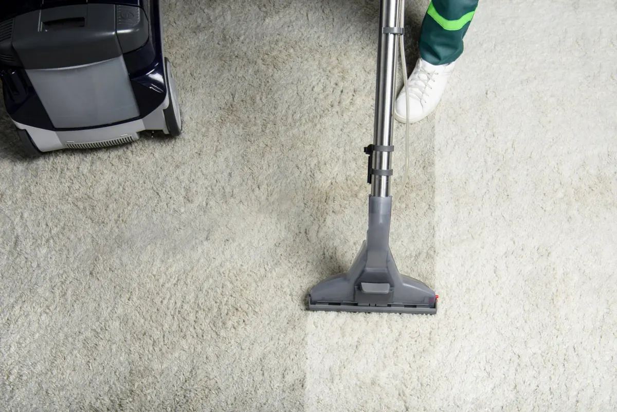 A carpet cleaner vacuums a dirty carpet, showing a before and after comparison.