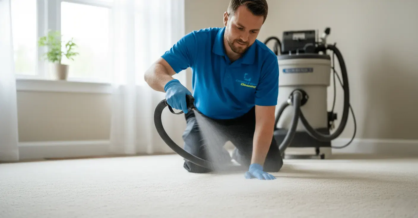Technician applying carpet protector to clean carpet fibers