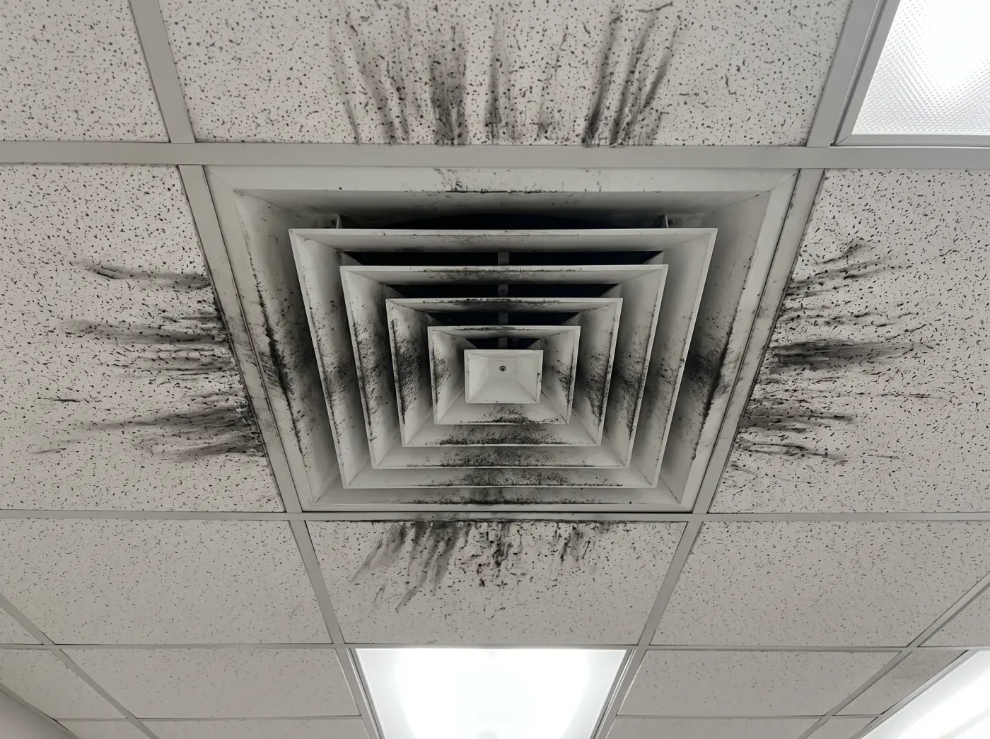 Commercial ceiling diffuser, dust streaks on the tile beside the cleared diffuser before cleaning