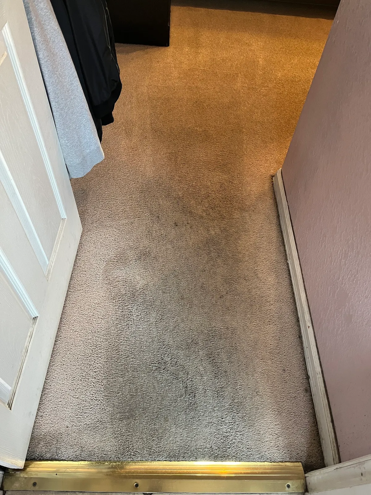 Bedroom doorway carpet, a blackened walking lane beside the cleaned carpet before cleaning