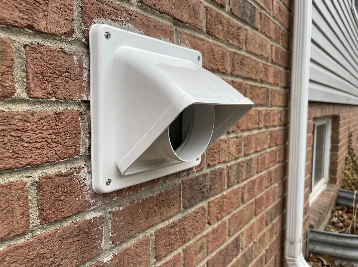 Exterior dryer vent hood, lint packed in the opening beside the cleared hood after cleaning