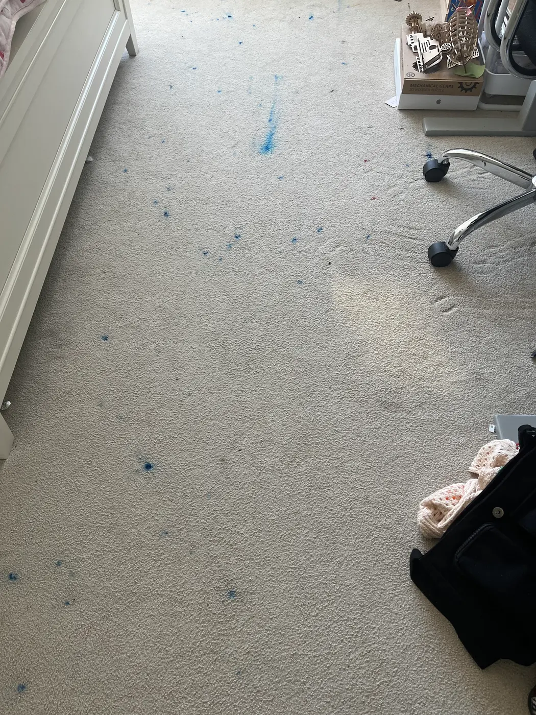 Carpet with paint color beside the cleaned carpet before cleaning