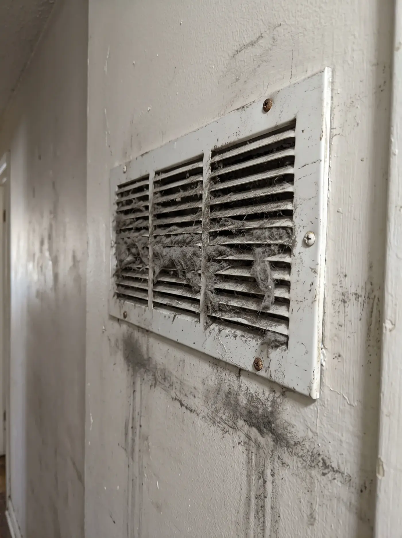 Return air grille, dust on the slats beside the cleared grille before cleaning
