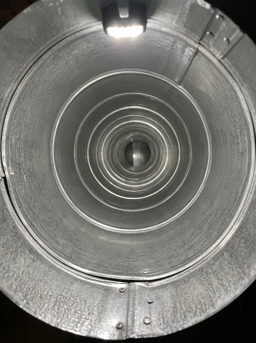 Round galvanized supply air duct after cleaning