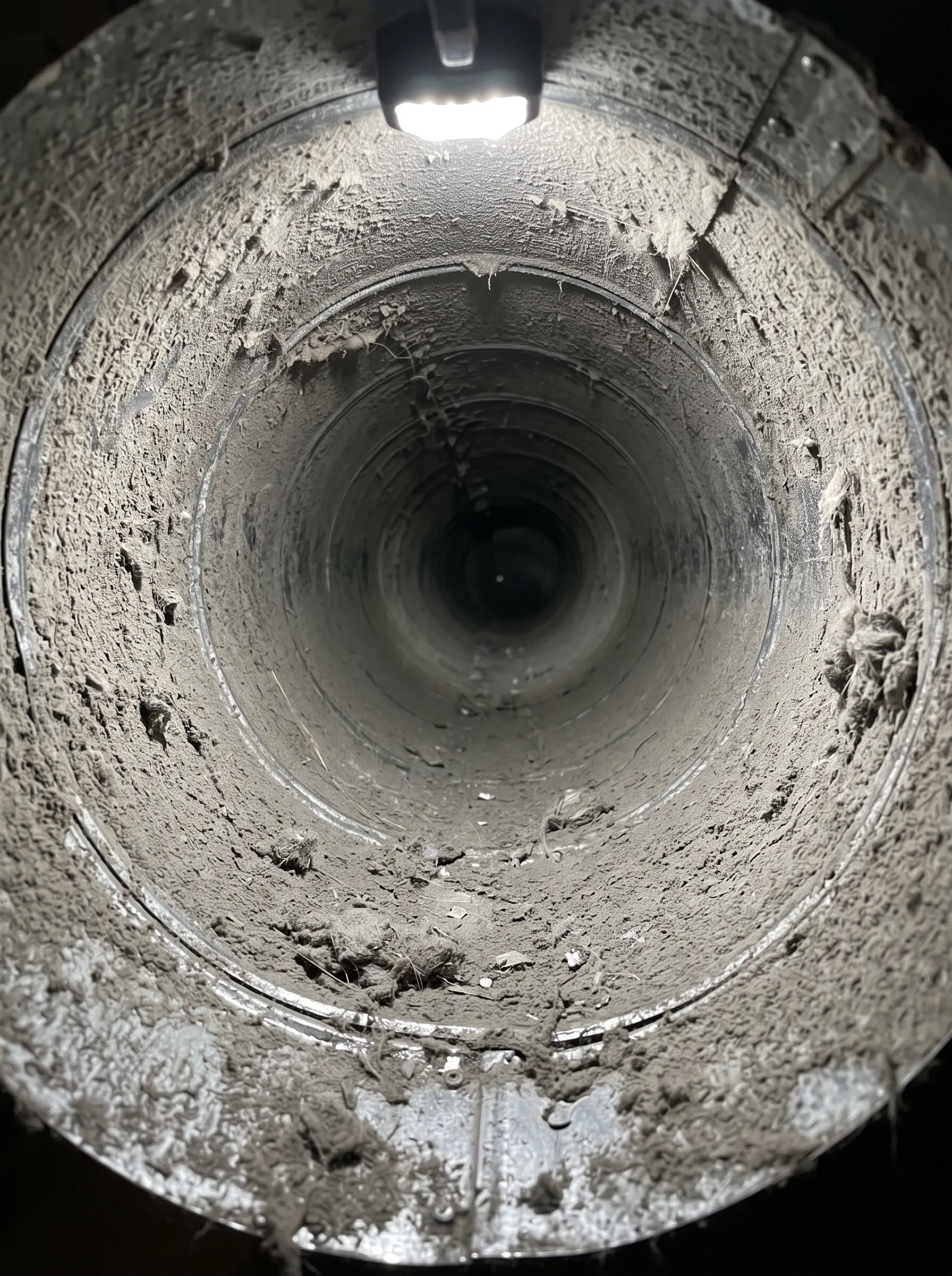 Round galvanized supply air duct before cleaning