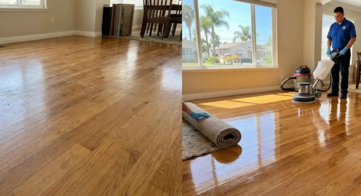 A man cleans a shiny hardwood floor with a floor buffer in a sunlit room.