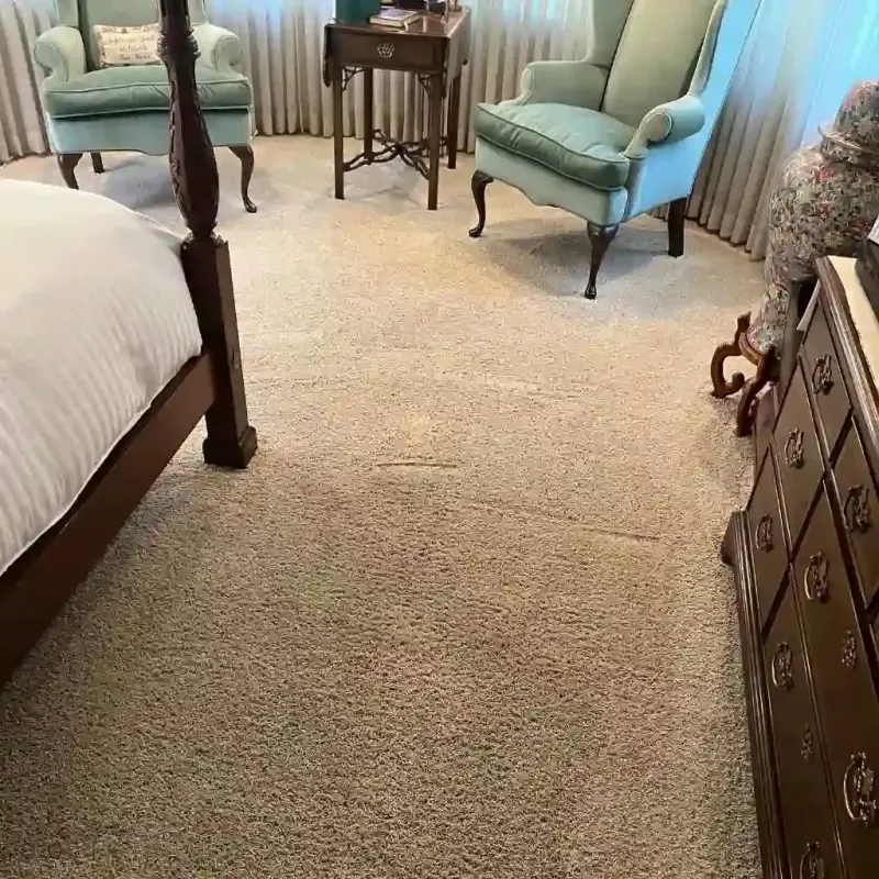 A bedroom carpet with a bed on the left and chairs and a dresser on the right.