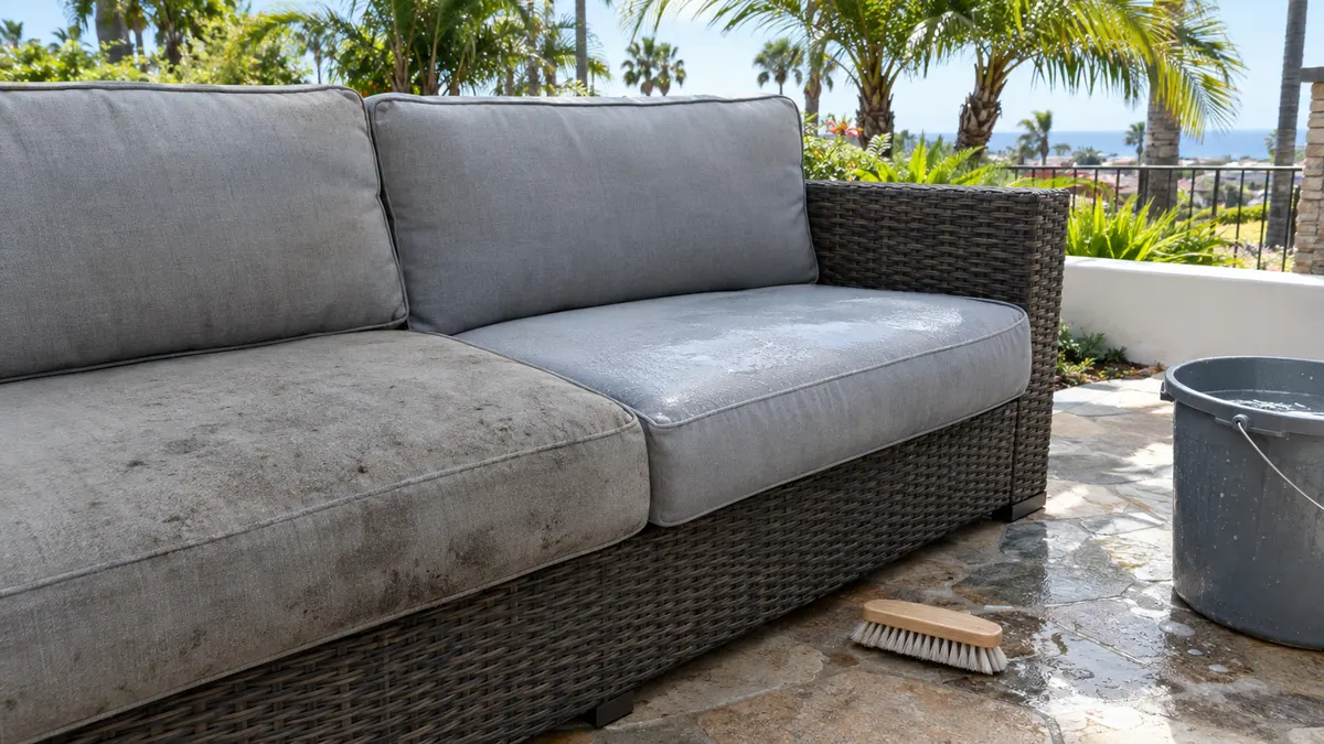 Patio sofa cushions cleaned and left open to dry on a deck