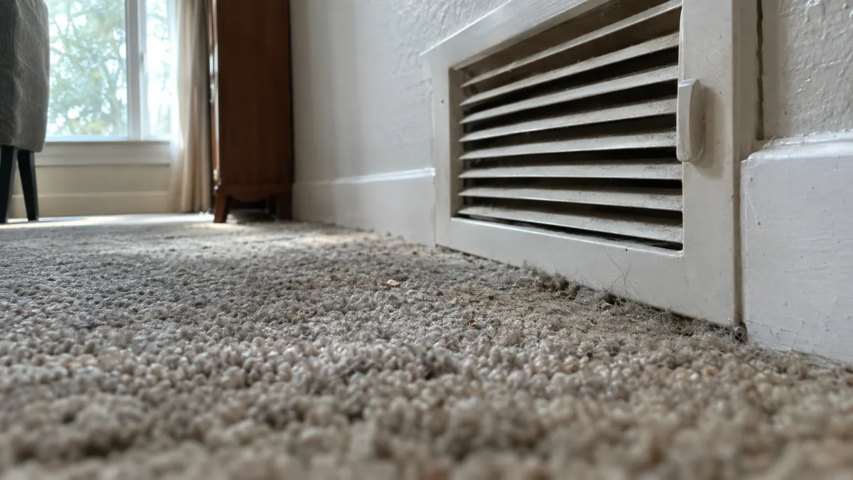 Clean supply vent beside a filter coated with household dust