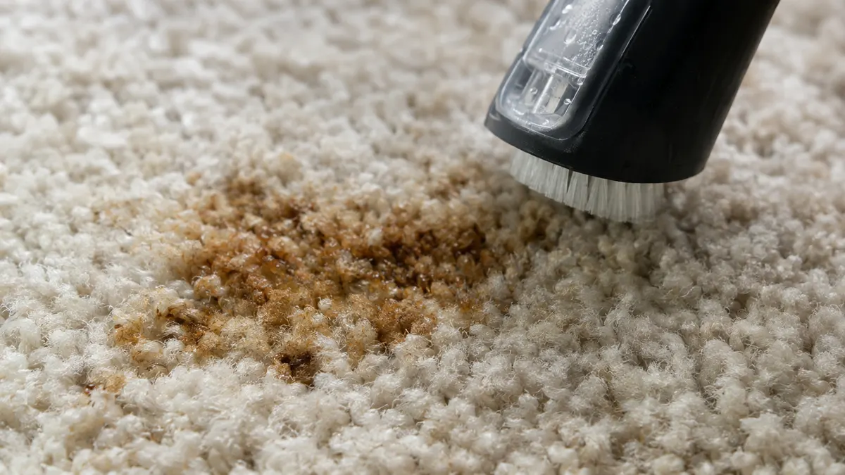 Red wine spill on light carpet being treated with a spotting tool
