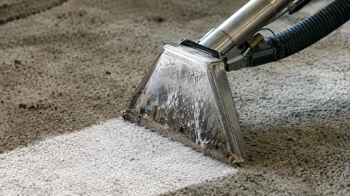 Living room with cleaned carpet and an open supply register