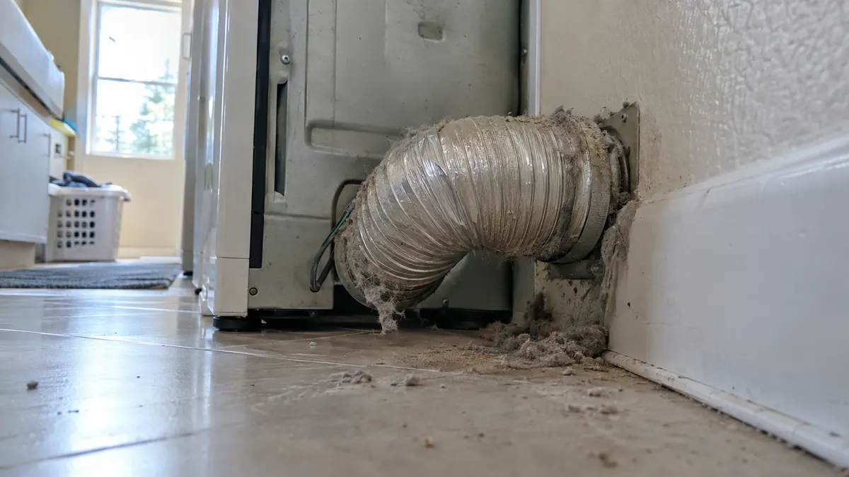 Lint being removed from a dryer vent line at the exterior cap