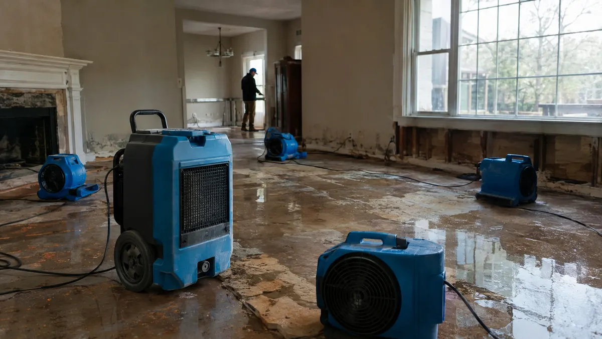 Air movers and a dehumidifier set in a room after water extraction