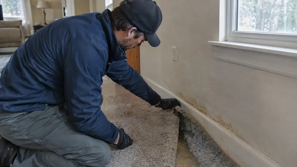 Extraction tool pulling standing water from a soaked carpet