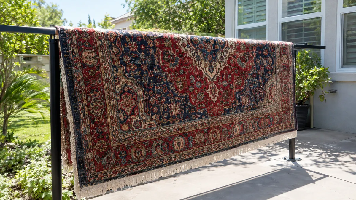 Hand-knotted oriental rug dusted before a controlled wash