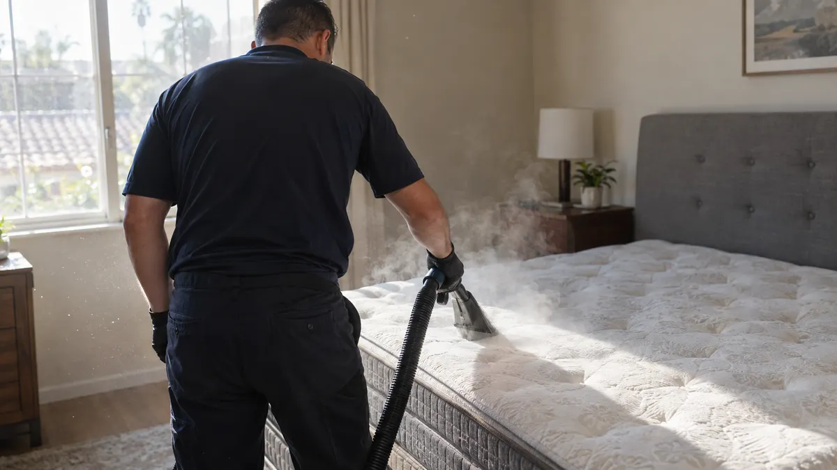 Mattress surface being cleaned with a low-moisture upholstery tool