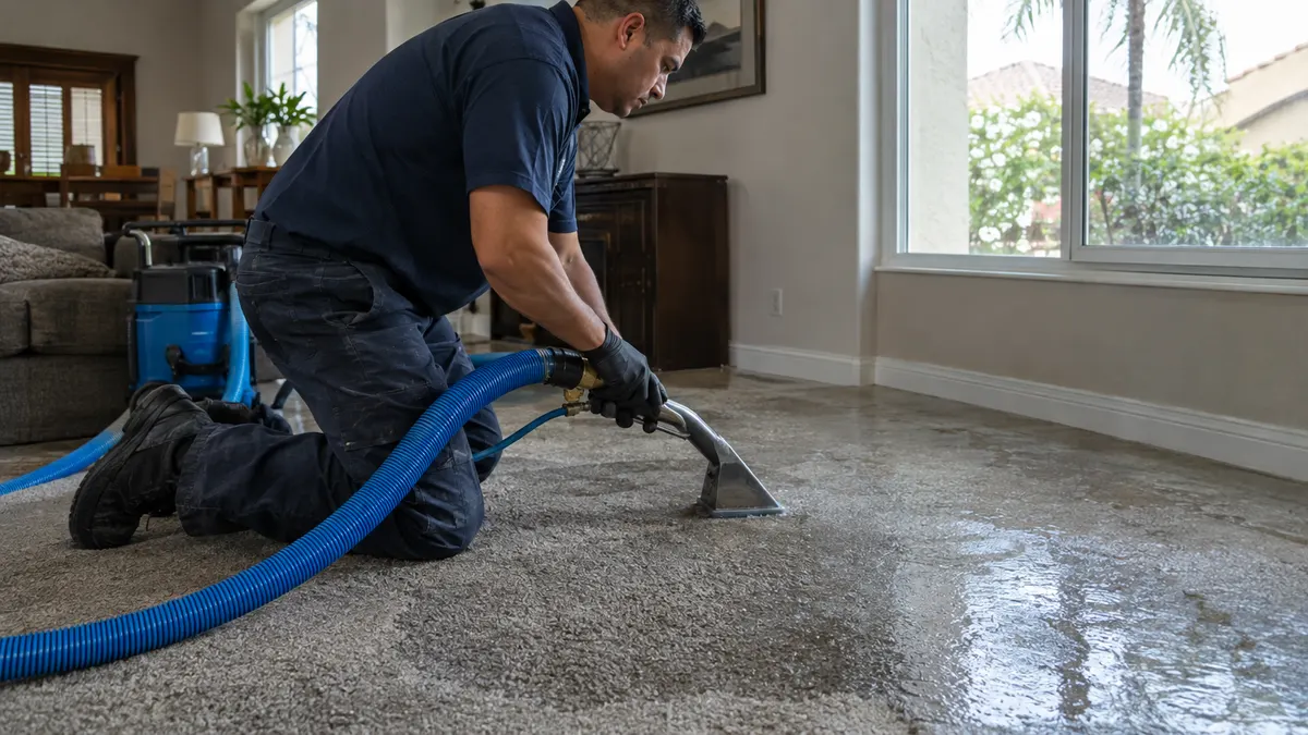 Water-damaged carpet lifted so the pad can be dried or removed