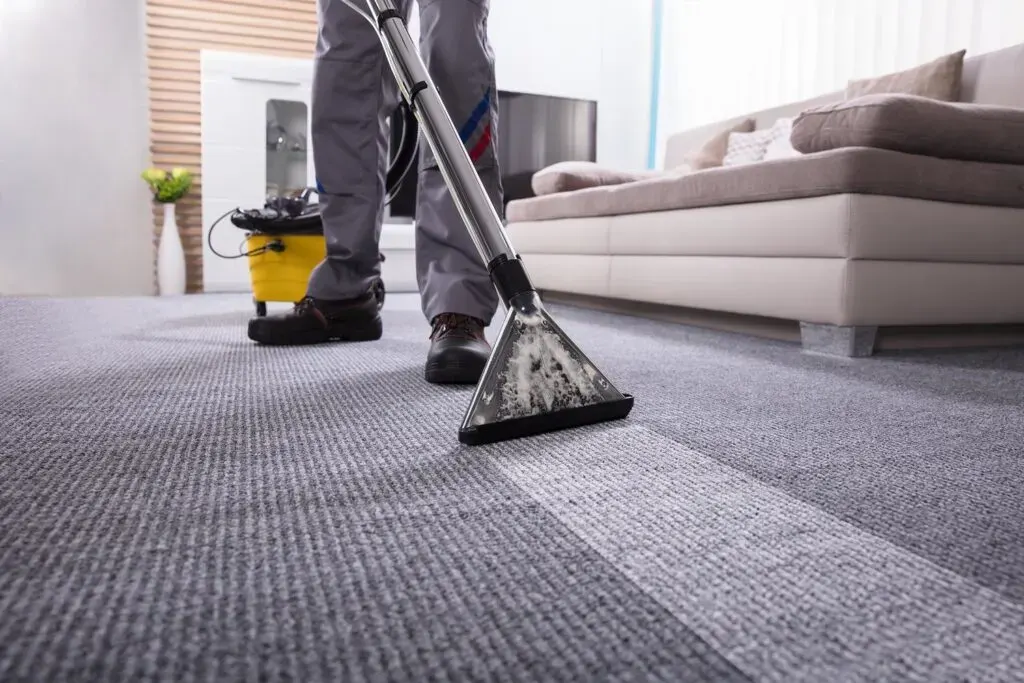A person using a carpet cleaning machine on a grey carpet in a living room.