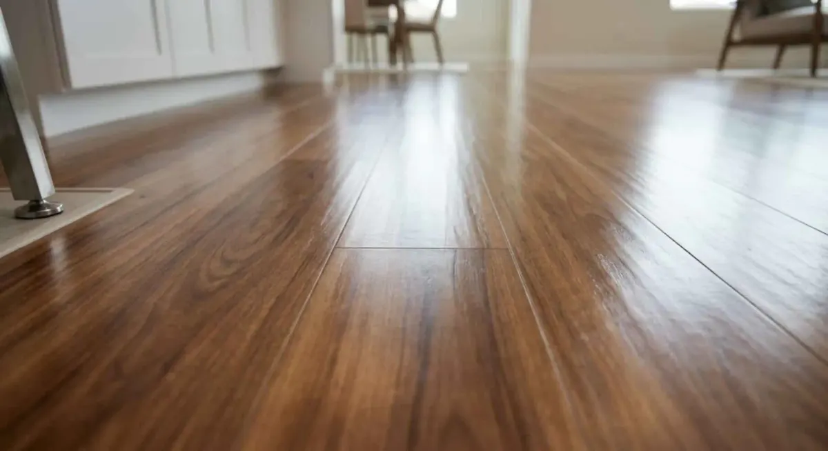 Clean and shiny hardwood floors reflecting light in a home setting.