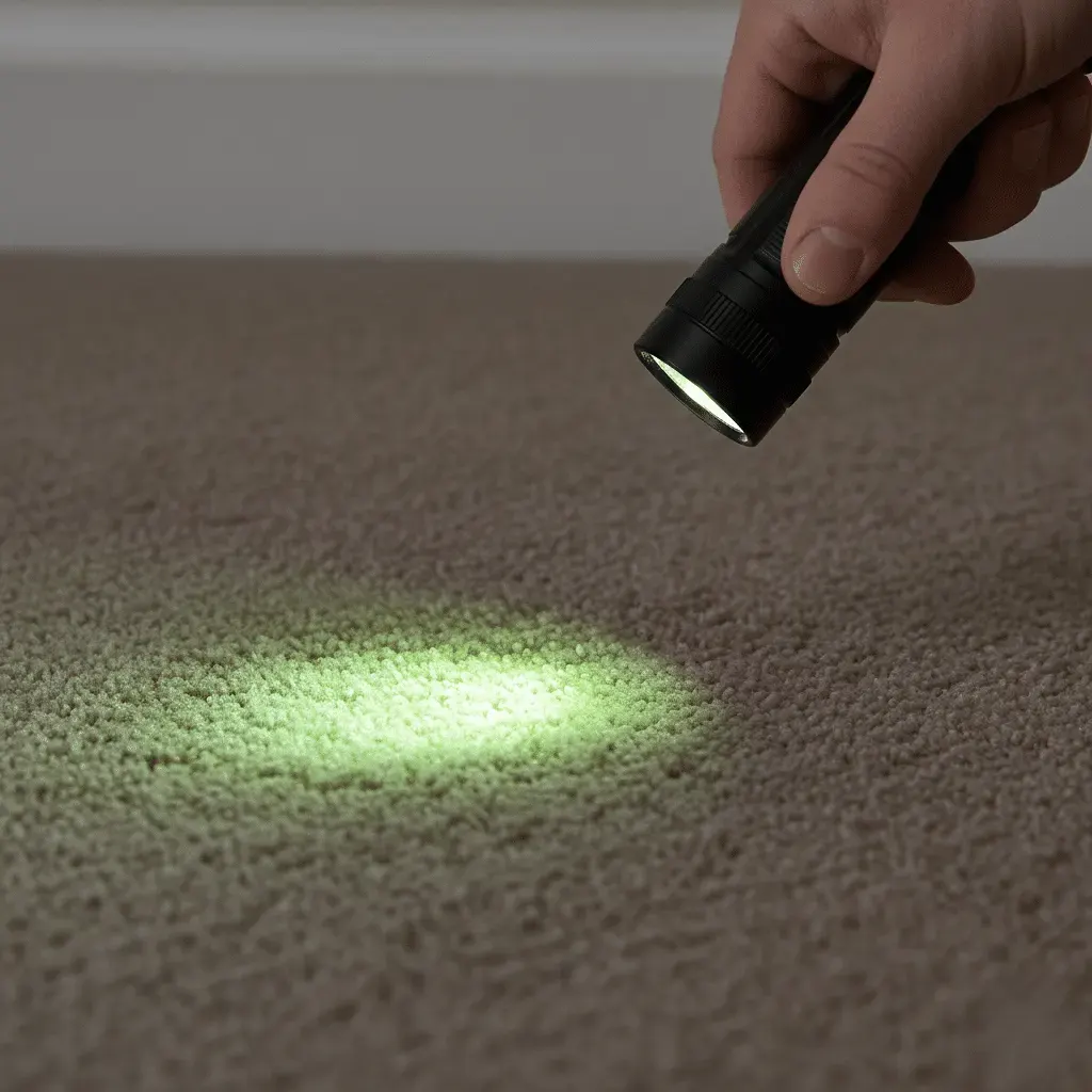 A hand holds a flashlight illuminating a stain on a carpet.