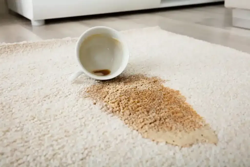 A white mug tipped over on a light-colored carpet, spilling a brown liquid and some granular substance.