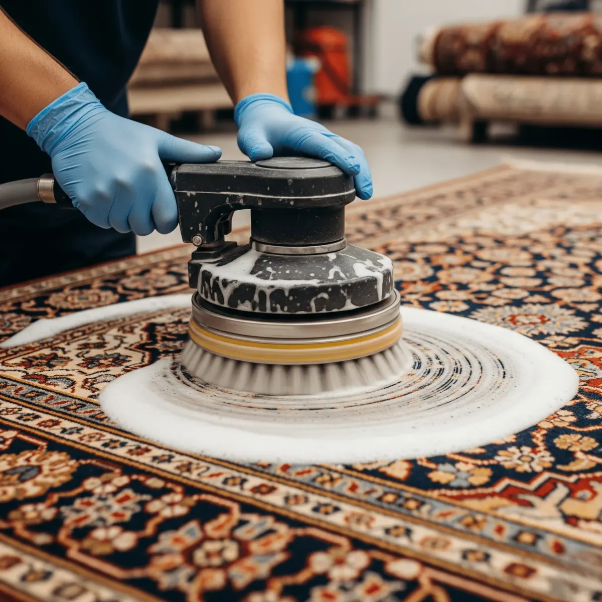 Close-up of a machine cleaning an oriental rug with foam.