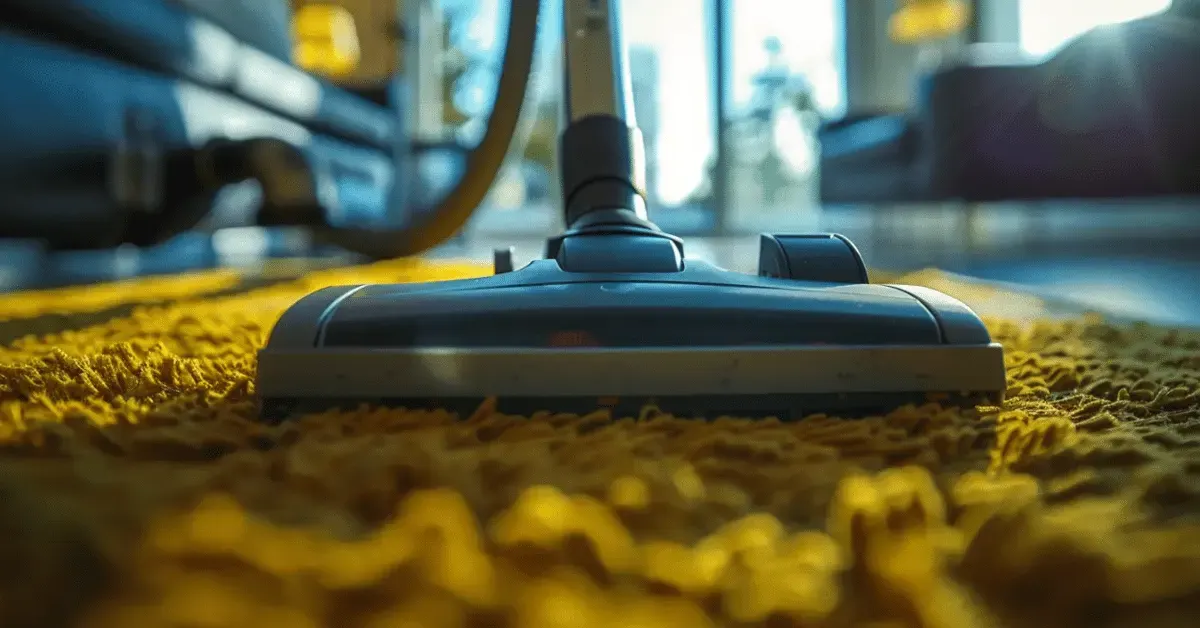 Close-up of a vacuum cleaner head on a yellow carpet.