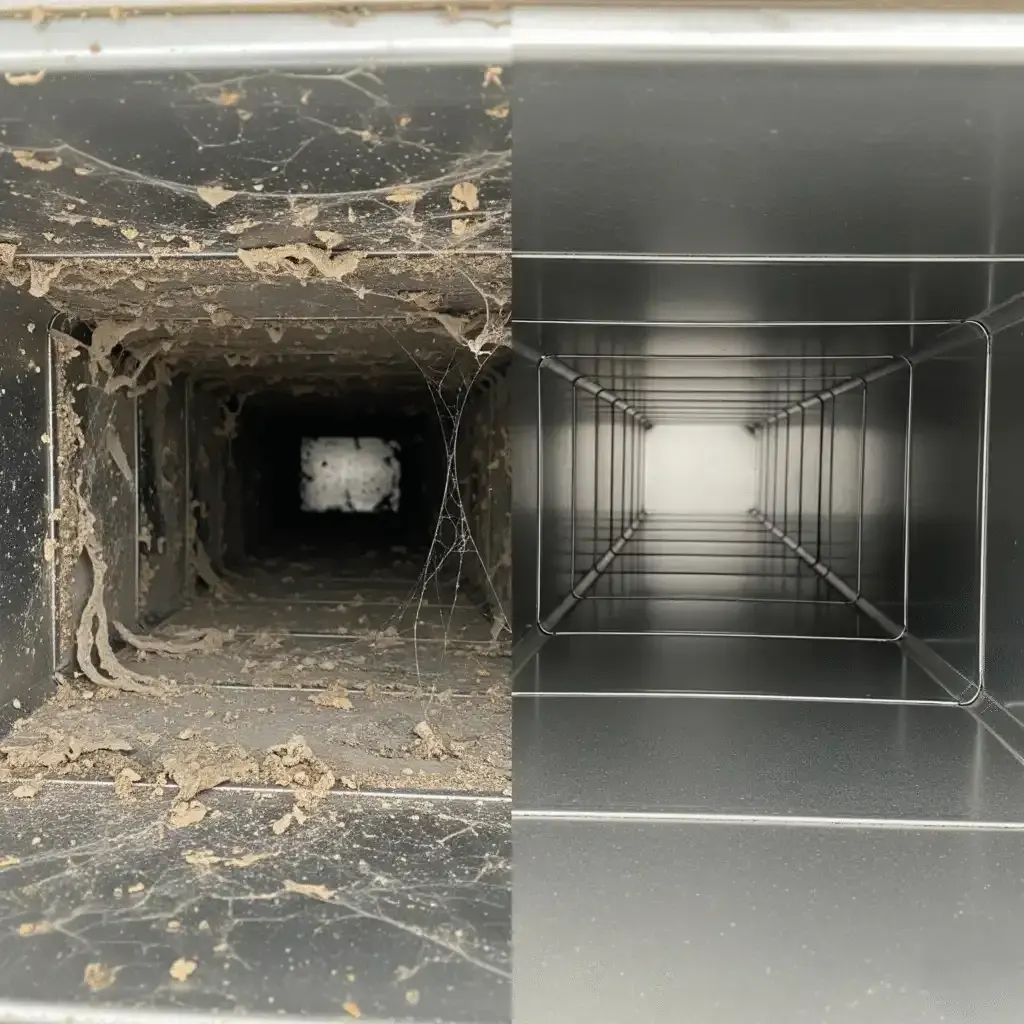 Before and after comparison of a dirty air duct filled with dust and cobwebs, and a clean, shiny air duct.