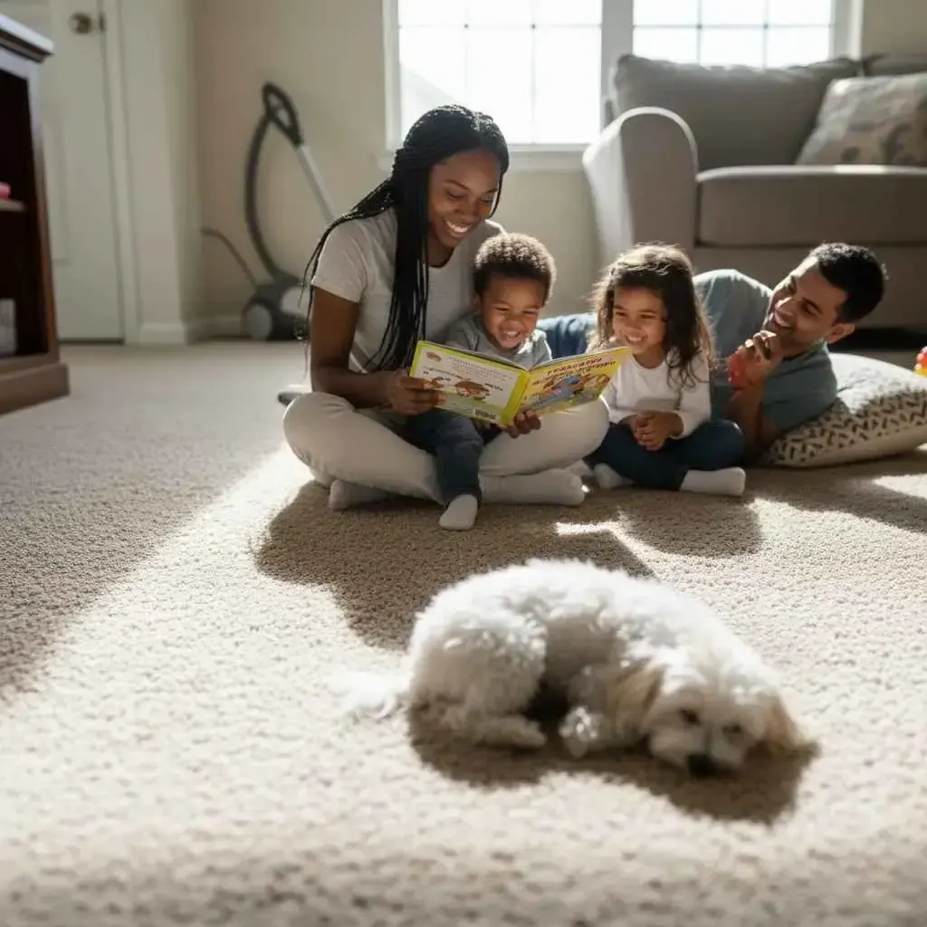 A family reads a book together on a clean carpet with their dog resting nearby.