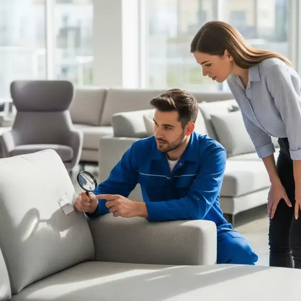 A cleaning technician inspects a couch cushion with a magnifying glass while a woman watches.