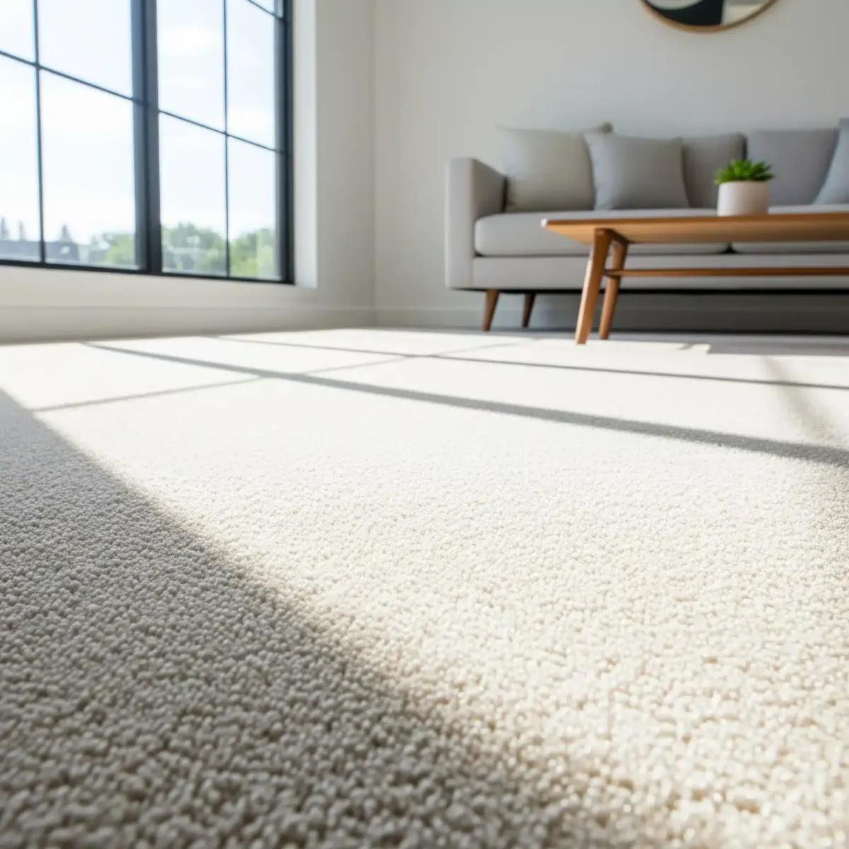 Clean, light-colored carpet in a living room with sunlight streaming through a large window.