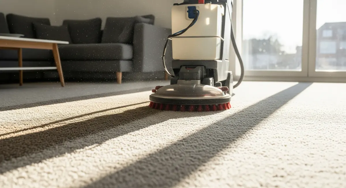 Carpet cleaning machine scrubbing a light-colored carpet in a sunlit room.