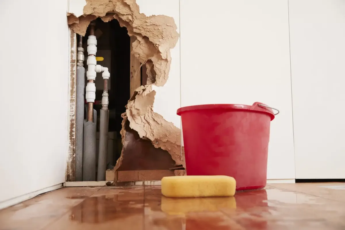 A hole in a wall reveals pipes, with a red bucket and sponge on a wet wooden floor.