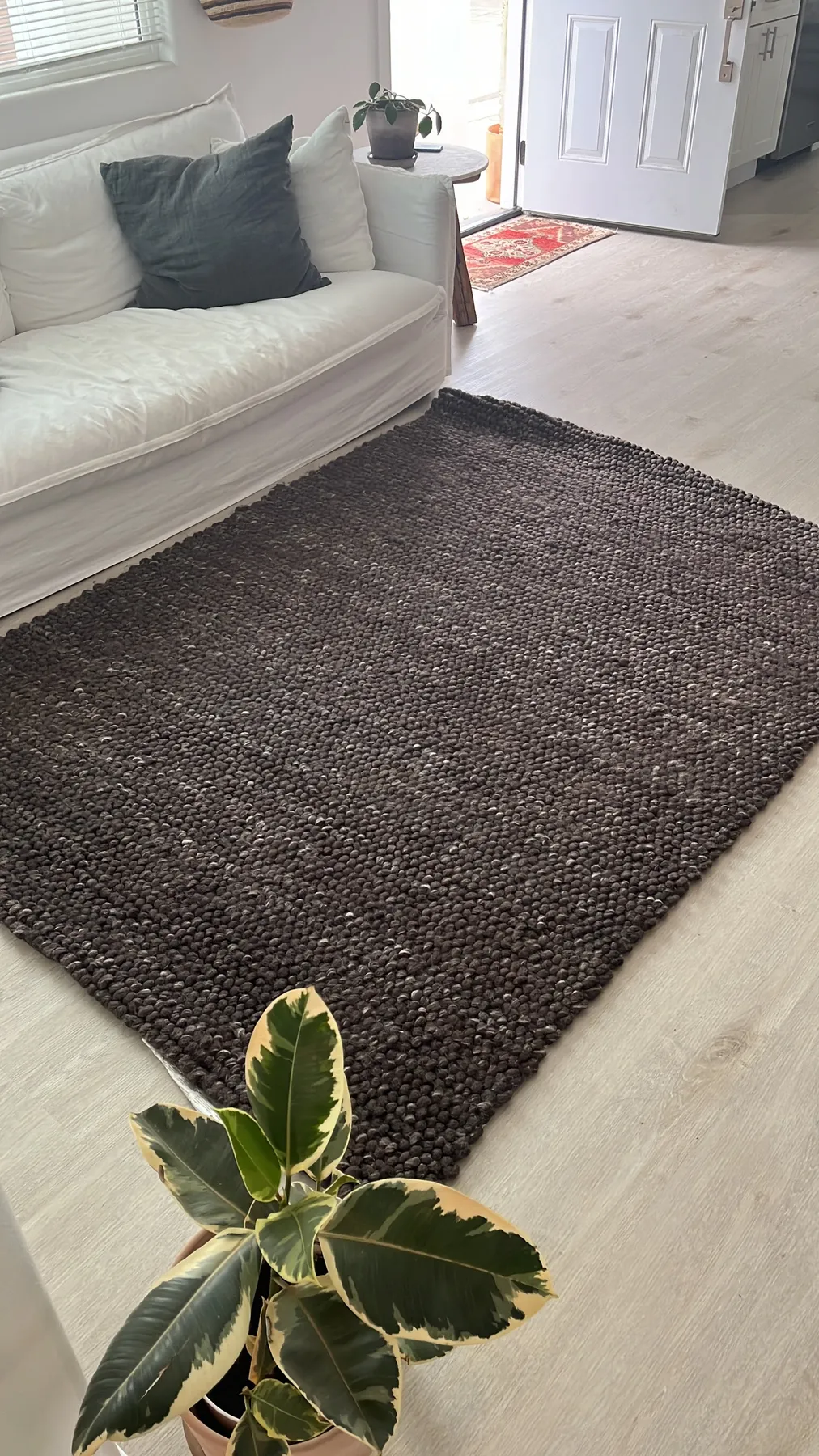 Dark textured rug beside a bed