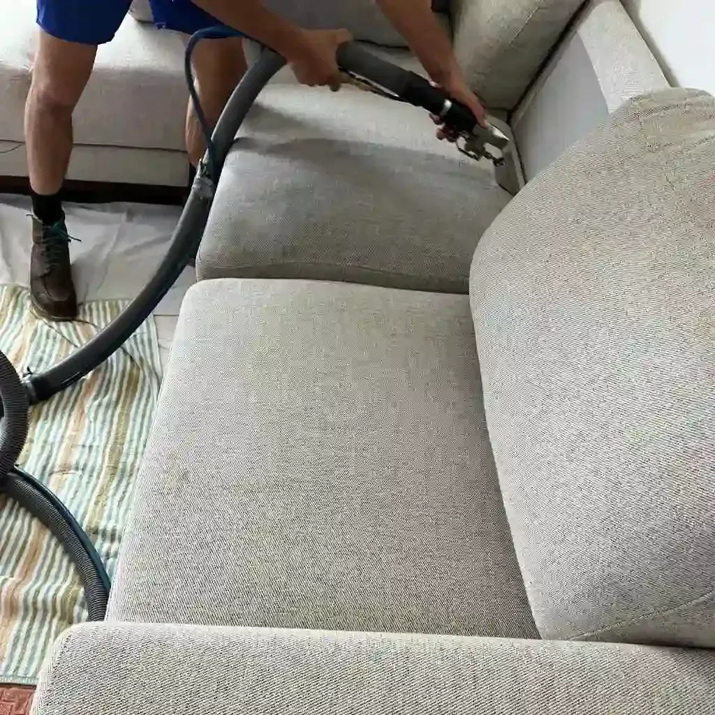 Professional cleaning of a sectional sofa with a specialized upholstery cleaning tool.