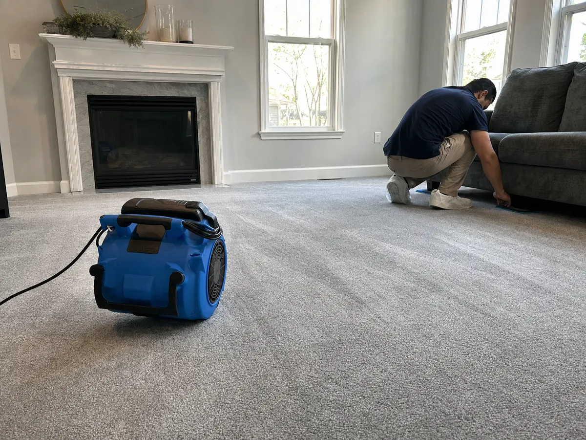 Air mover drying a freshly cleaned carpet