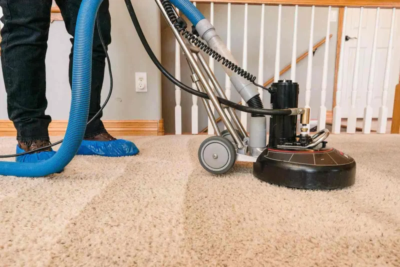 A person in blue shoe covers cleans a carpet with a professional cleaning machine.