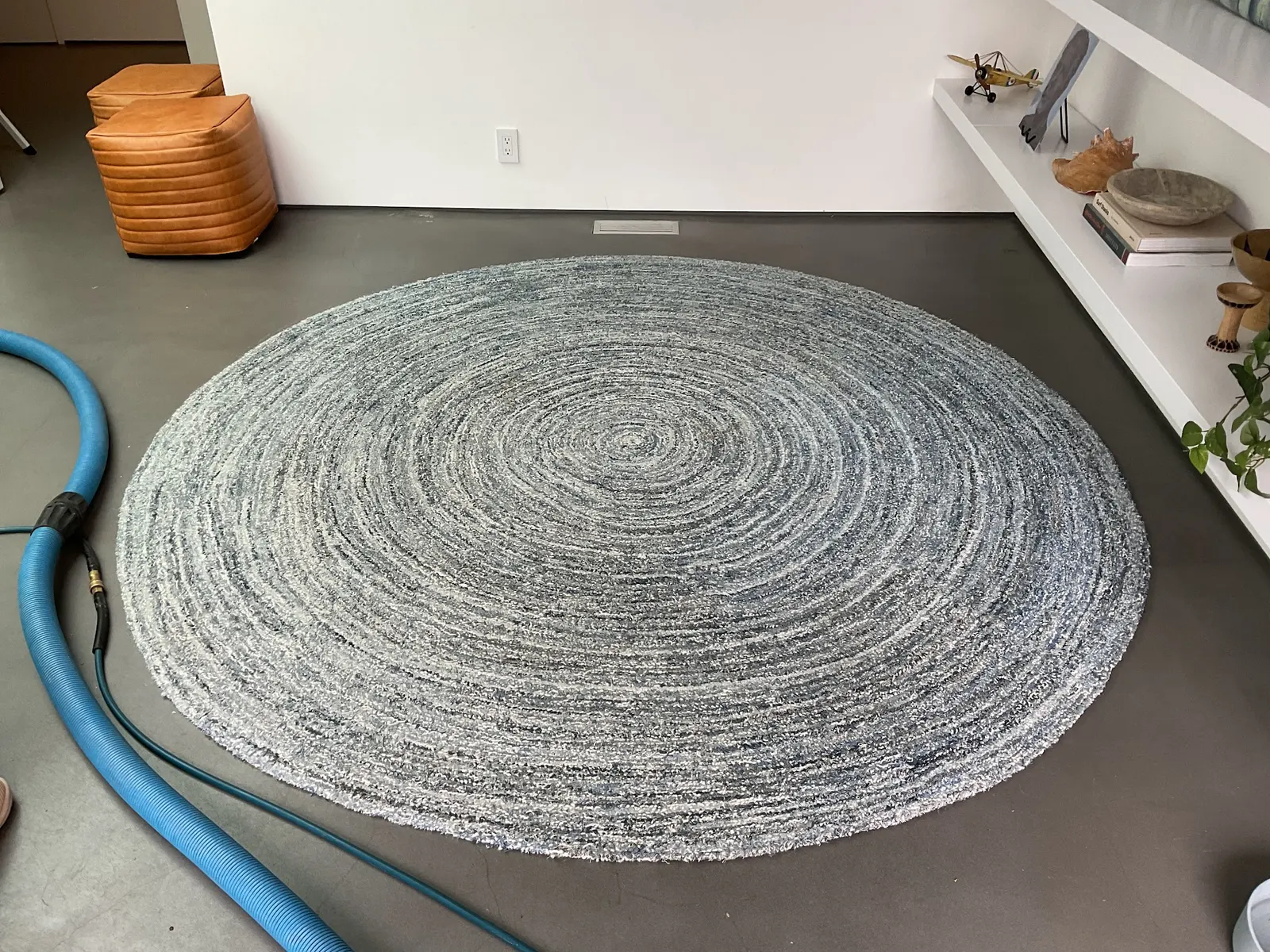 Round area rug with a cleaning hose on it