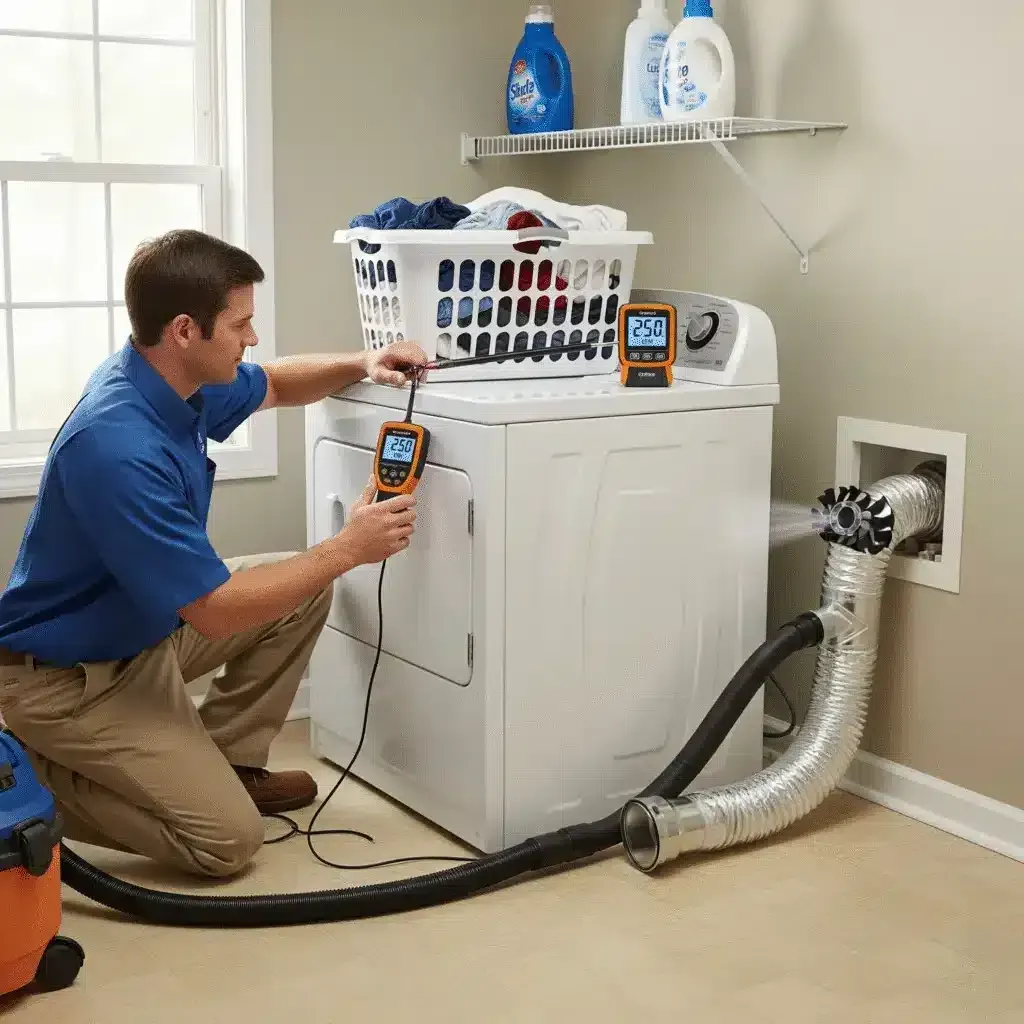 Technician uses a meter to check airflow from a dryer vent cleaning device connected to a dryer.