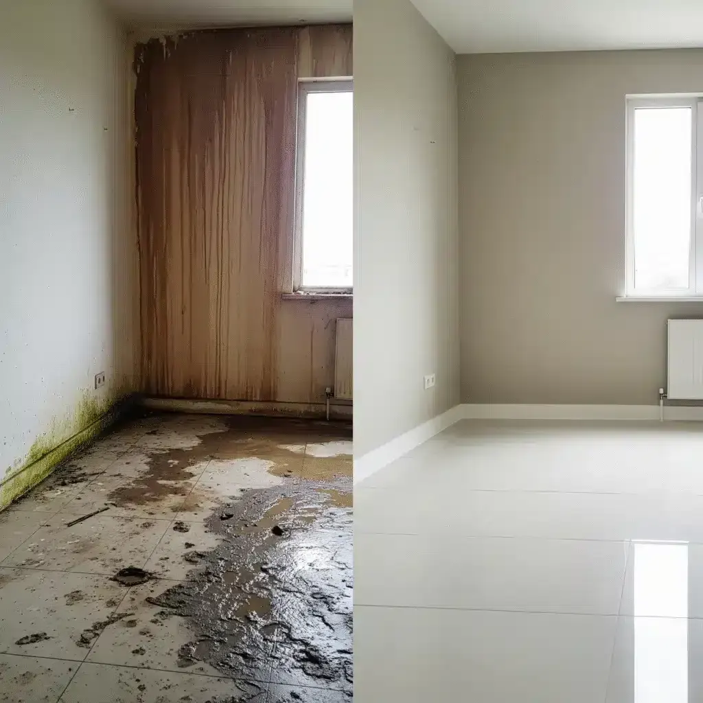 Split image showing a severely water-damaged room before and after restoration.