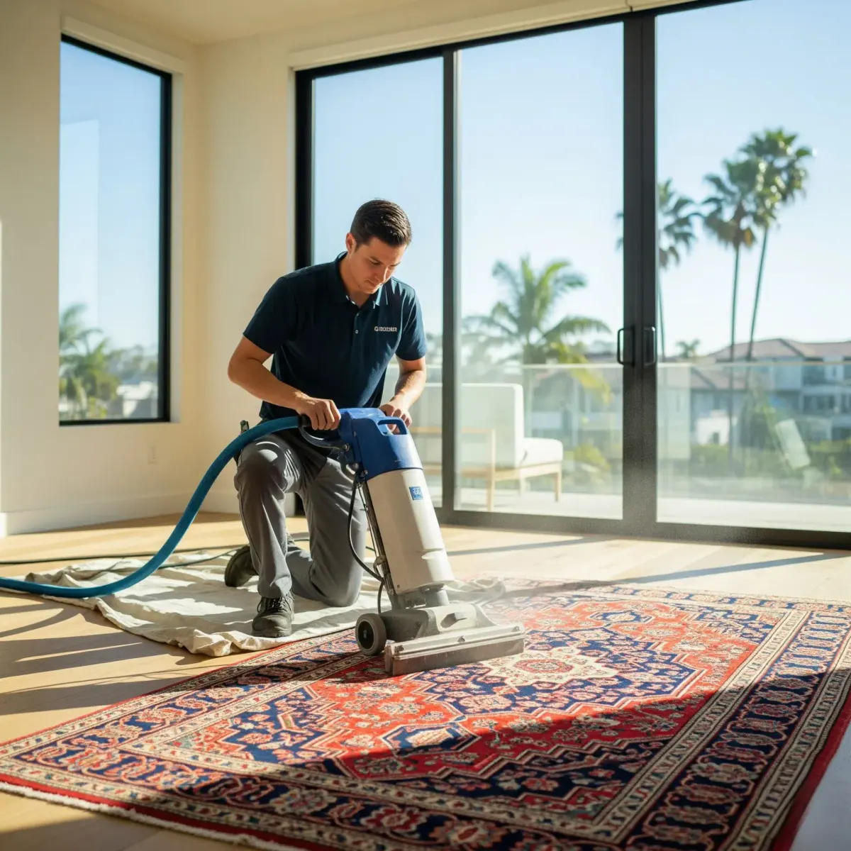 A man cleans an oriental rug with a professional cleaning machine in a bright room with large windows.