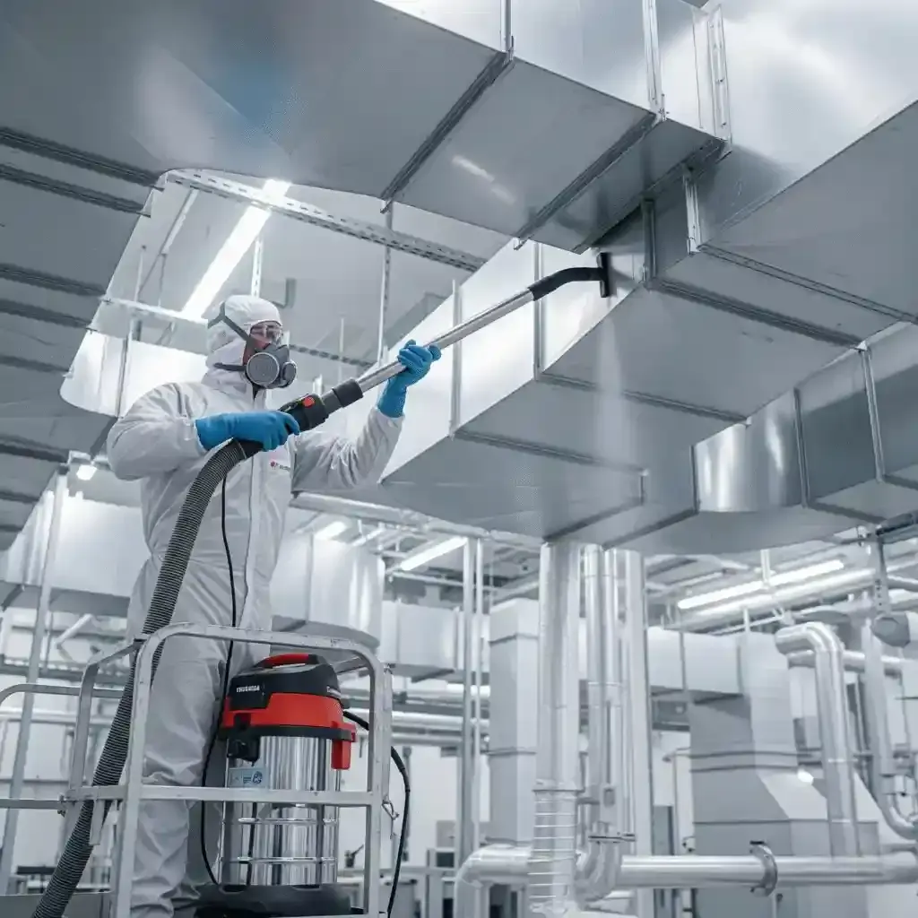 Worker in hazmat suit cleans large air ducts with vacuum and hose.