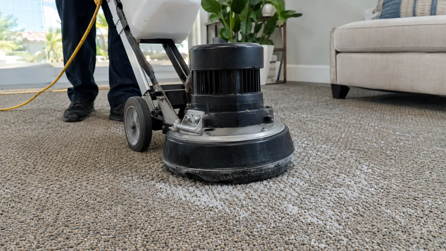 Low-moisture encapsulation machine cleaning carpet in a living room