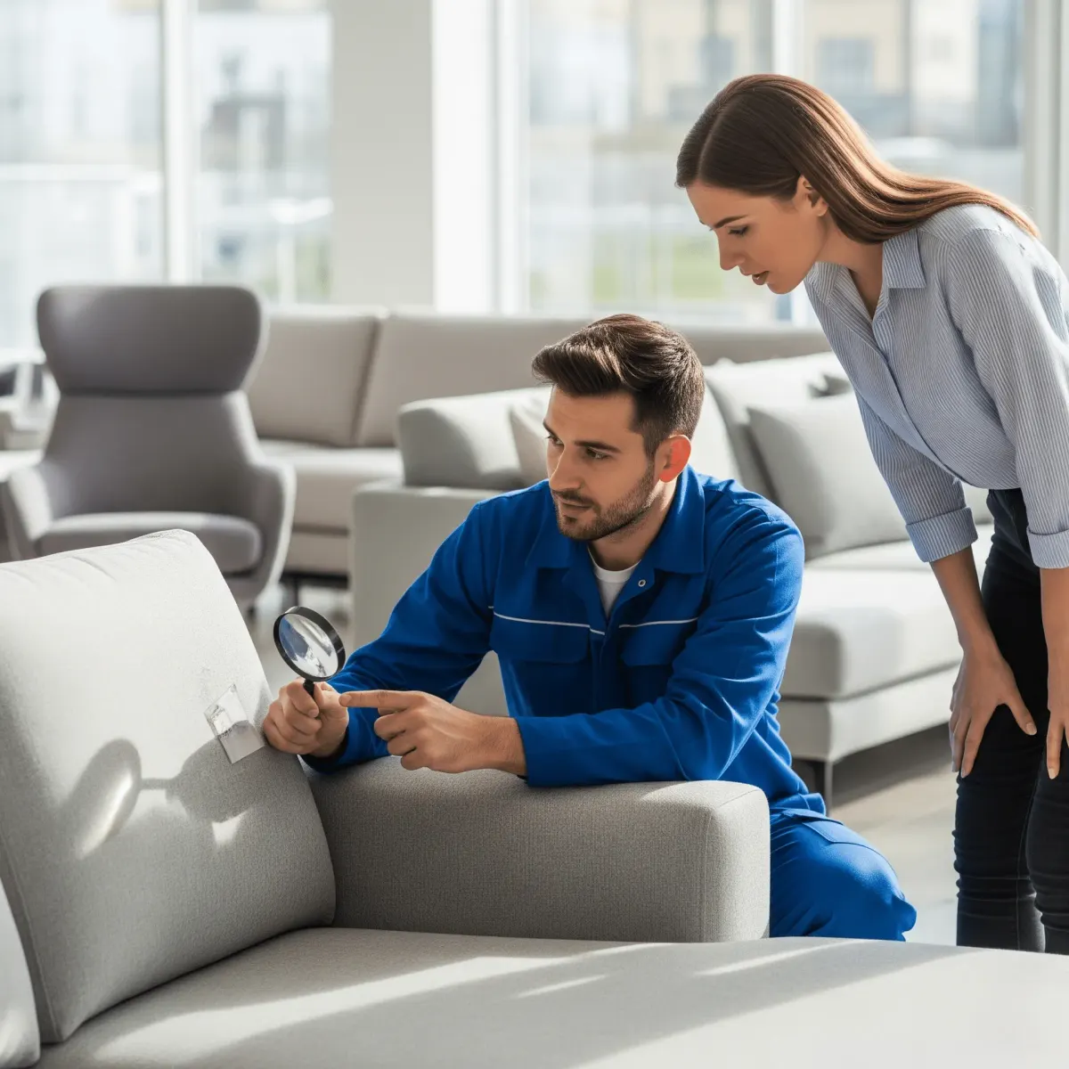 A cleaning technician examines a stain on a couch cushion with a magnifying glass while a woman looks on.
