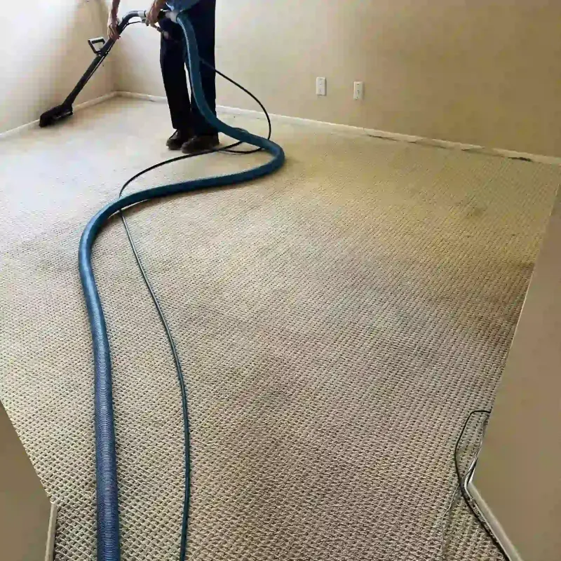 Person using a carpet cleaning machine with a large hose in a room.