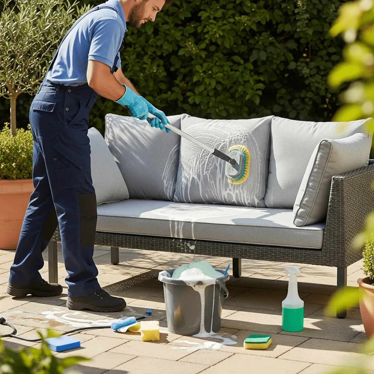 A person cleaning outdoor furniture cushions with a long-handled brush and soapy water.