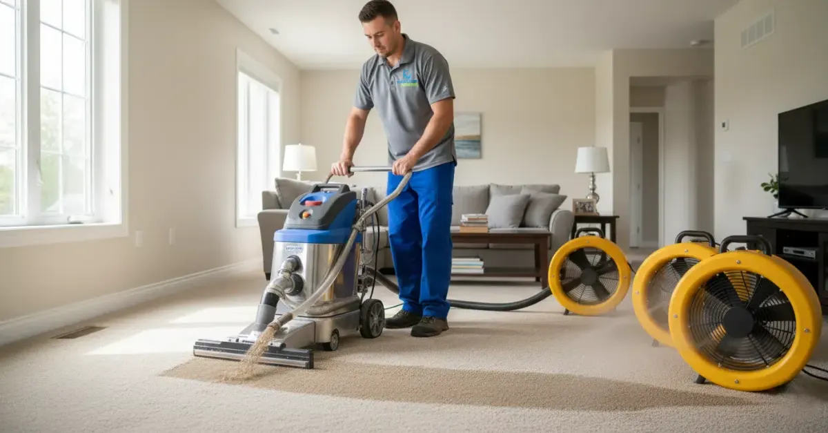 A man uses a carpet cleaning machine in a living room with drying fans.