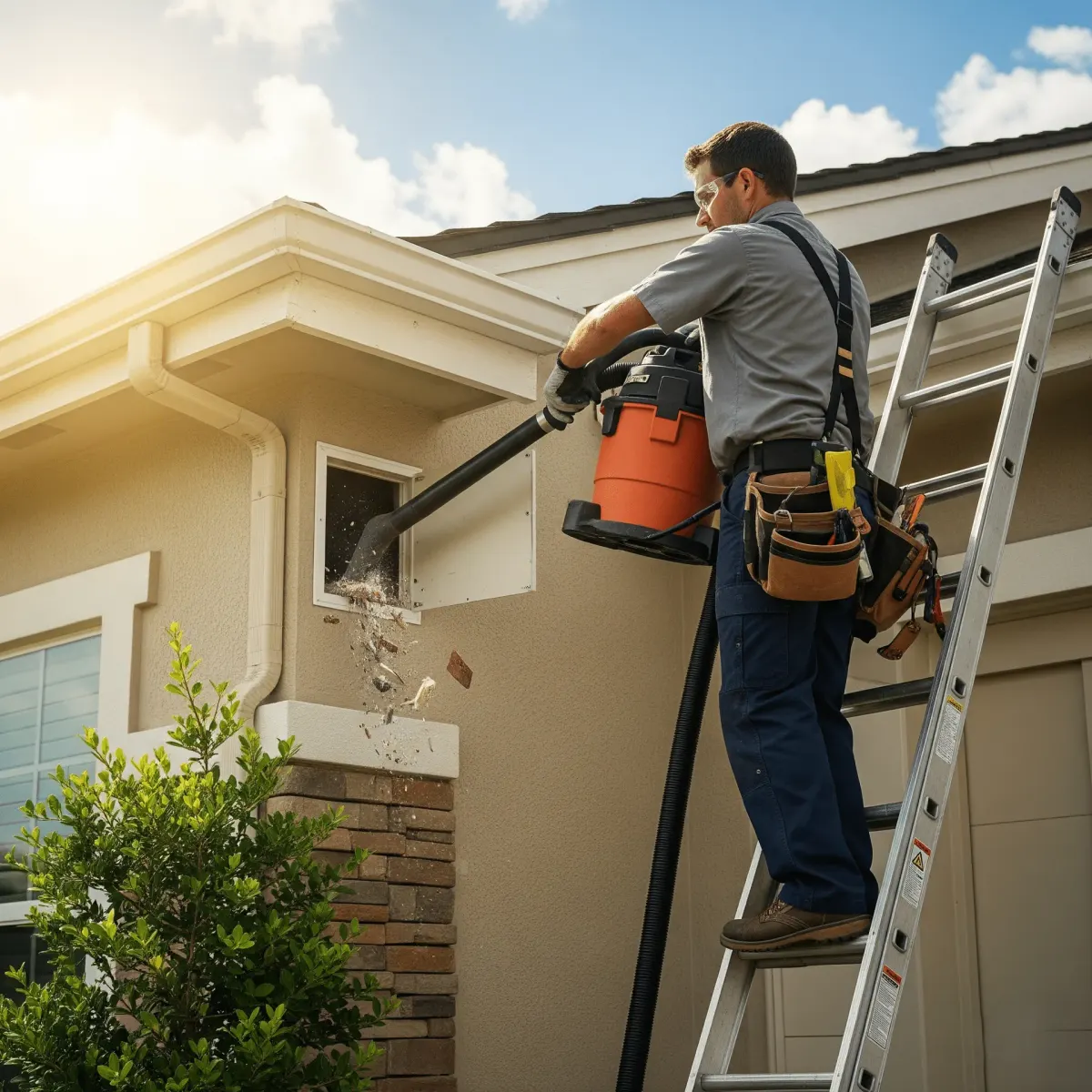 A man on a ladder vacuums debris from an air vent on the side of a house.