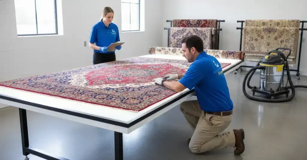 Technicians inspecting and cleaning an oriental rug on a table with a vacuum cleaner nearby.