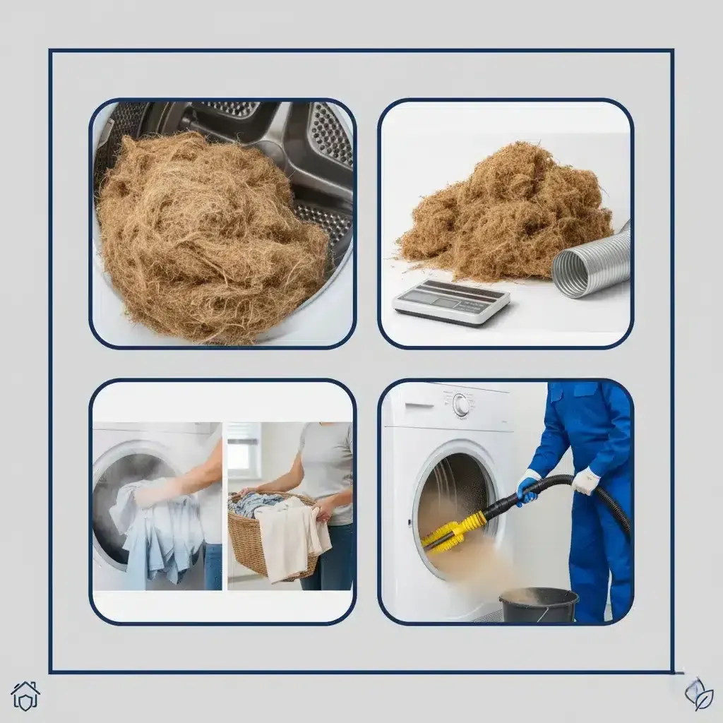 Collage showing dryer lint removal and laundry.